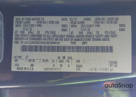 2017 Ford Escape Se z USA, uszkodzony, nr VIN 1FMCU0GD3HUE05912